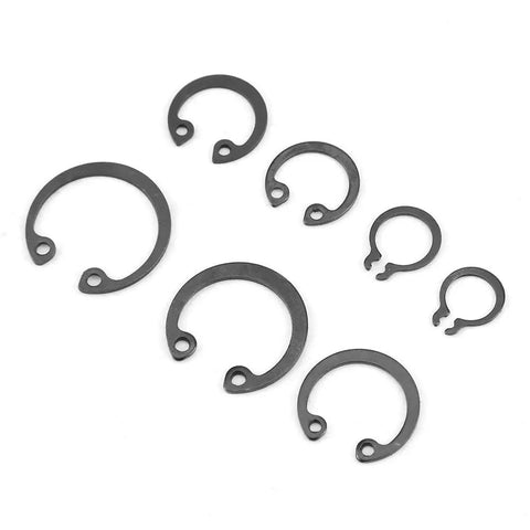 Check out this awesome 225 piece Snap Retaining Rings Set with Internal And External Circlips in 18 Sizes For Rotation. Close-up of metal circlips in various sizes.