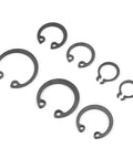Heavy Duty Circlip Assortment With 225 Pieces In 18 Sizes Of Internal And External Snap Retaining Clips, showing various sizes of snap rings.