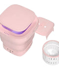 No Sweat Compact Washer And Dryer Combo With Foldable Stand And Smart Touchscreen Controls Semi Auto Quick Spin Routine showing the pink portable washing unit.