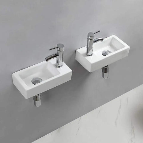 Compact Wall Hung Powder Room Basin for Small Bathrooms, Rectangular Ceramic Wash Basin with Right Hand Drain, Durable 1280C Fired Ceramic