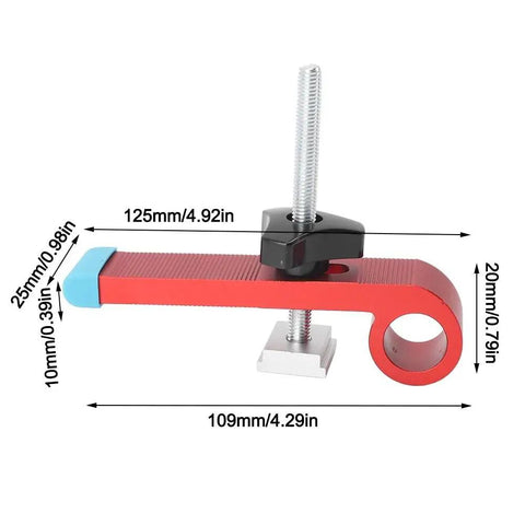 Red T Track Hold Down Clamp Kit Aluminum Alloy Woodworking Tool dimensions labeled for precise projects.