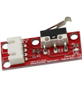 Close-up of a mechanical endstop switch on a red circuit board for 3D printer RAMPS 1.4, features 70cm cable and high quality 22AWG wire.