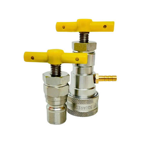 Three Eighths Inch ISO 7241-B Hydraulic Quick Coupling Pressure Relief Tool Kit with Male and Female Adapters, yellow handles