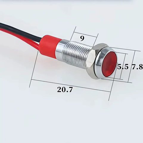 Red Waterproof 6mm LED Indicator Light 12V 24V Prewired Signal Lamp with measurements for Car Truck Boat Dash Lights