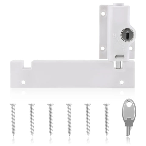 Keyed Sliding Door Lock For Glass Doors With Childproof Design, Dual Security Defense, Includes 6 Screws And Key, Fits Four Point Seven Six Inch Base, White, Ideal For Patio And Home Security, Easy Installation For Added Safety.