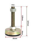Set Of Ten Heavy Duty Furniture Leveling Feet With Titanium Coated Stainless Steel Rods And M20 Threads To Quickly Square Up Wobbly Tables Counters Rock Solid Anti Slip Base with dimensions shown.
