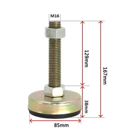 Set Of Ten Heavy Duty Furniture Leveling Feet With Titanium Coated Stainless Steel Rods And M20 Threads To Quickly Square Up Wobbly Tables Counters Rock Solid Anti Slip Base with dimensions shown.