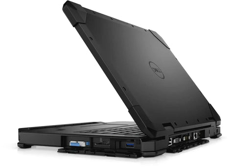 Rugged Latitude Fifty Four Twenty Laptop With Crisp Touchscreen Intel Core I5 Eight Thirty Five Chip Delivering Three Point Six Ghz Quad Power Sixteen Gb Ram Two Fifty Six Gb Ssd Windows Eleven Pro Built Tough For Job Sites Certified Refreshed Black angled view showcasing robust design and connectivity ports.
