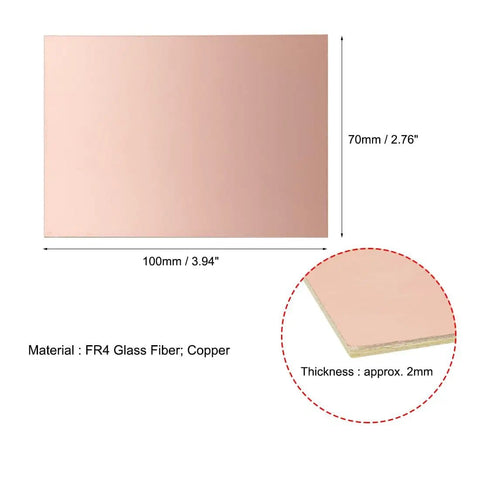 Image of a 12 Pack 100x70mm Double Sided Copper Clad FR4 PCB Board, showing dimensions and material details, 2mm thick.