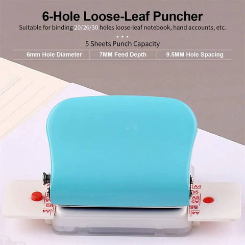 6 Hole Punch Handheld Metal Craft Tool For Binding Notebooks And Scrapbooks, with blue handle, 5 sheet capacity, on white surface