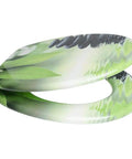 Prime Soft Close Toilet Seat With Adjustable Quick Release Hinges And Dead Quiet Slow Shut Action For A Durable Resin Bathroom Setup top view with green plant design.