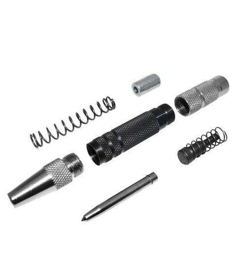 Premium Heavy Duty Automatic Center Punch Set Hella Durable Steel Marking Tools With Adjustable Spring Tension For Fast Layout Drilling Boss Workshop Essentials parts arrangement including springs and metal components.