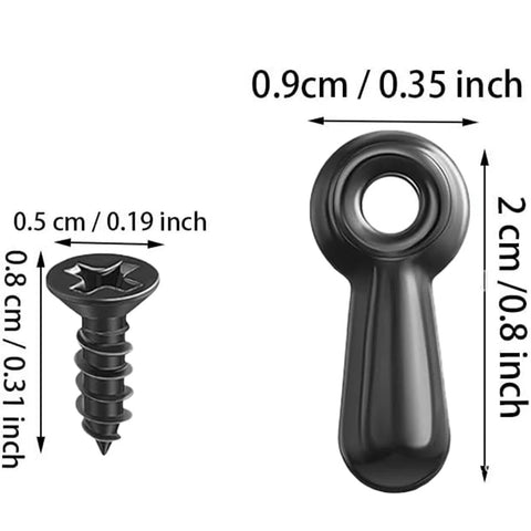 Black metal picture frame hardware: turn-button fastener and screw for hanging posters and art.