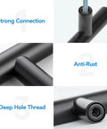 Close-up of stainless steel cabinet handles with three inch hole spacing, strong connection, anti-rust coating, and deep hole thread features.