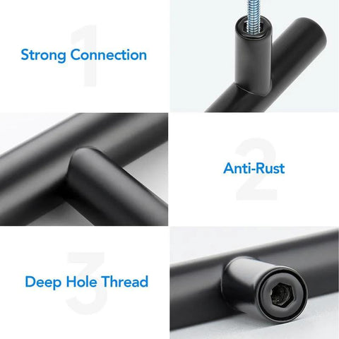 Close-up of stainless steel cabinet handles with three inch hole spacing, strong connection, anti-rust coating, and deep hole thread features.