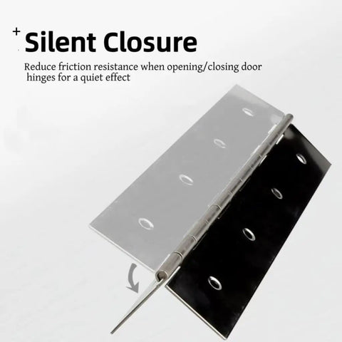 Four Pack Ten Inch Silver Stainless Steel Piano Hinges With Heavy Duty Frame And Pre Drilled Holes Include Mounting Screws showing silent closure feature.