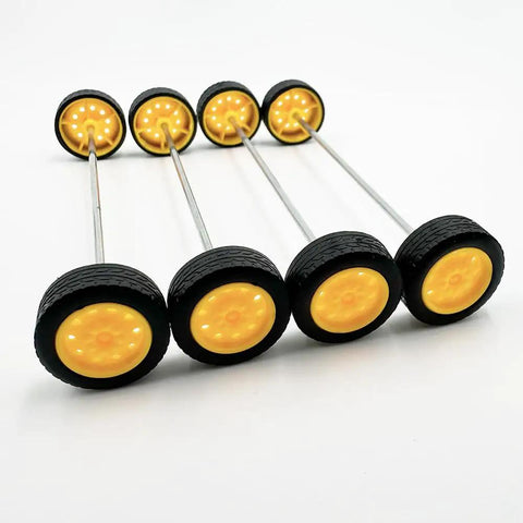 Dope Tiny Wheels Set For Hobby Builds 21mm Rubber Tires with yellow hubs and 100mm axles for RC cars and robots 20 Pieces