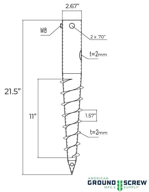 Technical drawing of the Ground Screw Stake For Round Posts Fences And Flag Poles No Dig 22 Inch Anchor Easy Install.