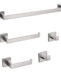 Brushed Nickel Square Bathroom Accessories Set With 24 Inch Towel Bar Wall Mounted Tough Stainless Steel Hardware Includes Hand Towel Holder Toilet Paper Roll Dispenser And Two Robe Hooks For Easy Organization In Any Modern Bath