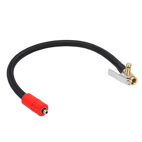 Heavy Duty Tire Inflator Extension Hose With Quick Connect Push Lock Chuck And Leak Proof Copper Fittings For Fast Car Tire Inflation showing a black flexible hose.