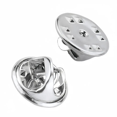Premium Lock Pin Backs For Lapel Pins Nickel Plated Brass 50 Pack secure fasteners showing butterfly design and round clutch.