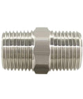 Stainless Steel Hex Nipple Three Eighths Inch NPT Male To Male Pipe Fittings, 2 Pack, Tapered Thread Connector For Plumbing, close-up view