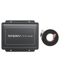 Solid Alternator Charger To Quickly Juice Up Your Portable Power Station With Six Times Faster Output And No Sweat Plug And Play Setup For Weekend Adventures And Long Drives. A black AFERIY DC-DC charger with cables.