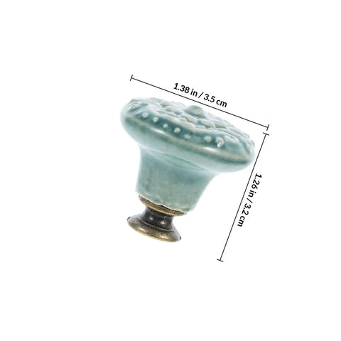 Side view of a Retro Ceramic Cabinet Knob With Antique Floral Pattern Single Hole Porcelain Drawer Pull in Celadon Blue with measurements.