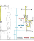 Diagram of No Fuss Concealed In Wall Silver Square Thermostatic Shower Set Built Tough Lead Free Copper Body with dimensions.