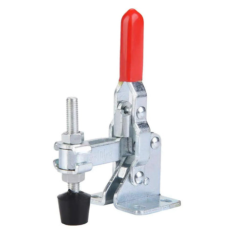 Two Pack Vertical Toggle Clamp Set With 50kg Holding Capacity, M5 Screw, 82mm Tall, Galvanized Iron Arrow Storage Case, Perfect For Woodworking, Welding, Drill Table Fixtures; side view