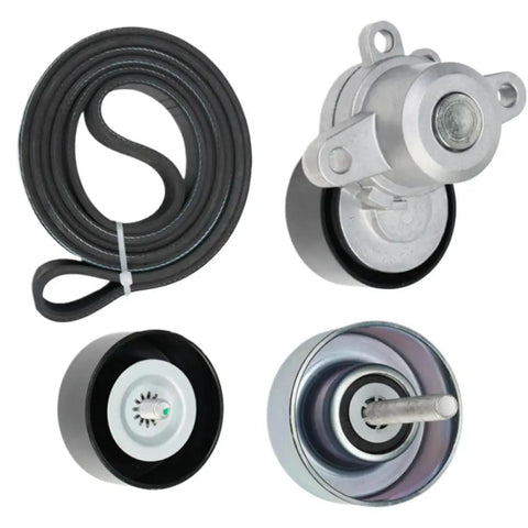 Superior Drive Belt Tensioner Kit Compatible With Nissan Maxima 2009 Through 2015 For 3.5L V6 Motors Installed Easily For Drivers Who Want Zero Hassle And High Reliability On Every Trip Out And About Keep Your Ride Singin Sweet, black serpentine belt and silver tensioner pulley set