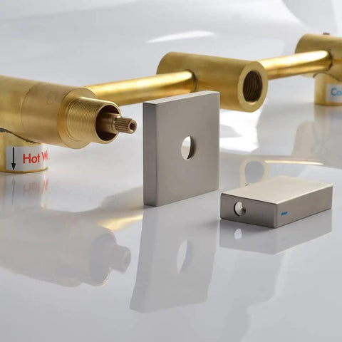 Two Handle Waterfall Wall Mount Tub Faucet In Brushed Nickel components and 1/2 NPT connection close-up, includes accessories.