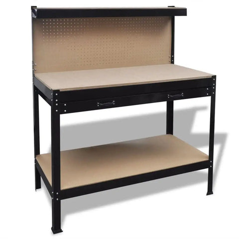 Beast Of A Workbench With Pegboard And Storage Drawer For Garage And Workshop 45.3 Inch Tool Bench showing steel frame and MDF top.