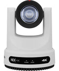 Straight Fire Bundle Featuring Five 4K PTZ Cameras With 20x Optical Zoom And SDI HDMI USB IP Support Plus One Smooth Joystick Controller And Five White Wall Mounts For Streamers, front view of a white 4K PTZ camera.