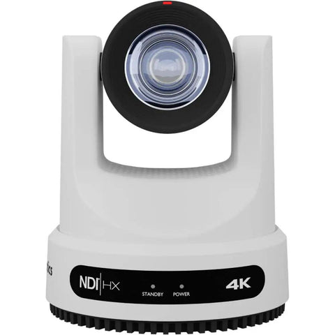 Straight Fire Bundle Featuring Five 4K PTZ Cameras With 20x Optical Zoom And SDI HDMI USB IP Support Plus One Smooth Joystick Controller And Five White Wall Mounts For Streamers, front view of a white 4K PTZ camera.