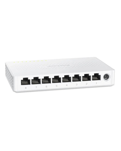 2.5Gbps 8 Port Unmanaged Ethernet Switch for Gaming, plug and play, fanless desktop or wall mount, front view with ports