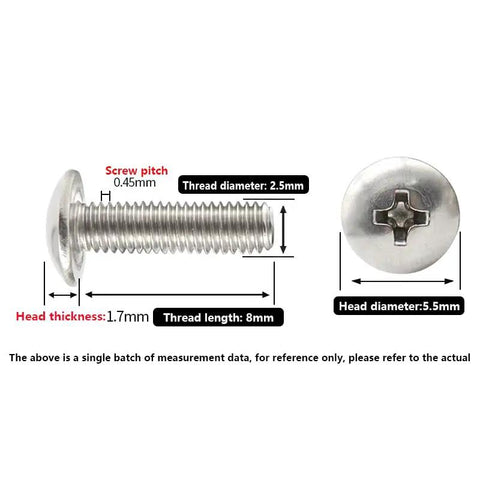 Top Shelf Grade A 304 Stainless Steel Button Head Phillips Machine Screws M2.5 X 8MM showing dimensions and specifications.