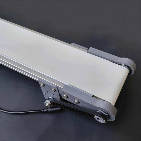 Mini Electric Desktop Conveyor Belt for DIY Projects with Adjustable Speed 0 to 116 RPM and Forward and Reverse Rotation, side view