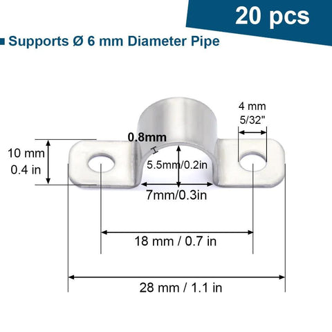 Front view of stainless steel conduit clamp for 6 mm pipe; two mounting holes, U-shaped bracket, 28 mm long (20 pcs)