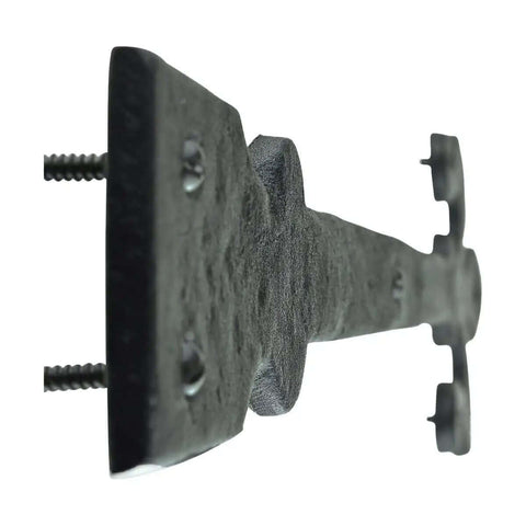 Side view of Fleur De Lis Wrought Iron Dummy Strap Hinge 16 Inch Black Decorative Hardware with screws visible for doors and cabinets