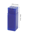 Blue rectangular container with dimensions 0.9 in by 3.93 in printed on side, used for storage or organization.