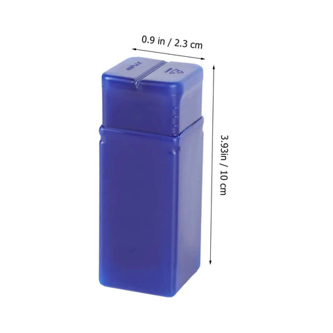 Blue rectangular container with dimensions 0.9 in by 3.93 in printed on side, used for storage or organization.