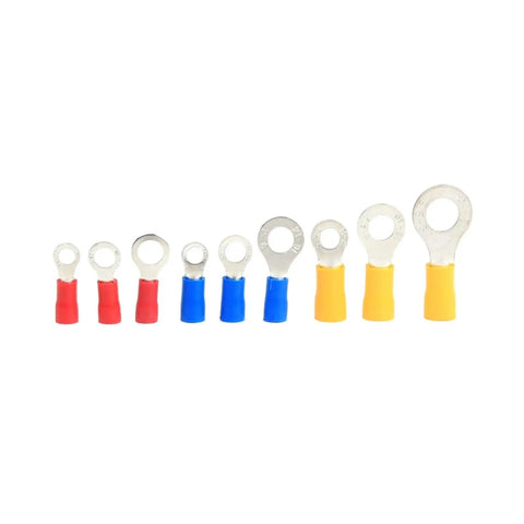 Heavy Duty 128Pc Insulated Ring Terminal Crimp Connector Kit With RV1.25 RV2 And RV5.5 Sizes For Secure Wire Cord Connections And Cable Fixes. assorted insulated ring terminals in red blue yellow