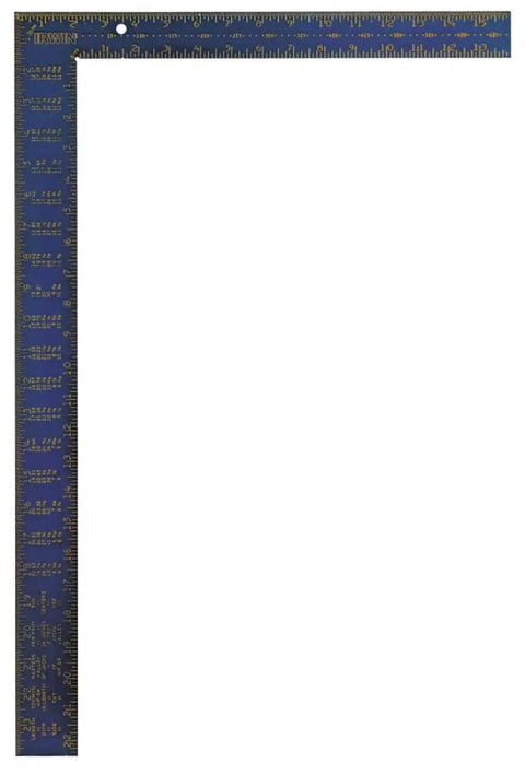 Hi Contrast Aluminum Framing Square 16 Inch By 24 Inch With Yellow Markings On Blue For Easy Reading And Multiple Scales One Eighth Inch One Tenth Inch One Twelfth Inch And One Sixteenth Inch Rafter Tables Brace And Octagon Scales Essex Board Measure, angled view showing measurements