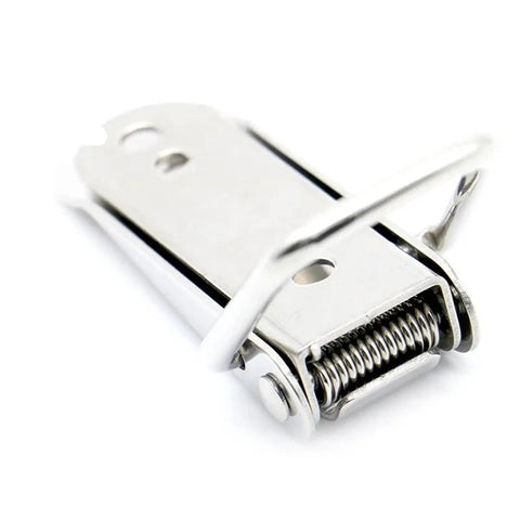 Spring Loaded Cabinet Latch and Toggle Hasp Iron Hardware for Sliding Doors and Windows, close-up of steel latch mechanism.