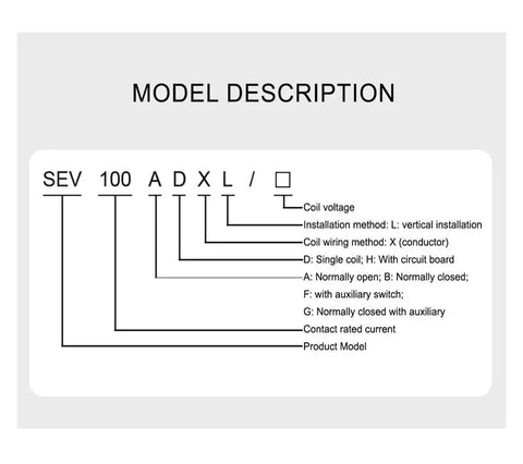 Model description for Heavy Duty DC Contactor SEV250AH Electric Relay Switch detailing installation and wiring.