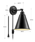 Plug In Black Metal Swing Arm Wall Sconce 2 Pack Industrial Vintage Style Wall Lamp Fixture With On Off Switch And E26 Base Adjustable 240 Degrees For Bedroom Porch Restaurants Headboard showing size dimensions on white background