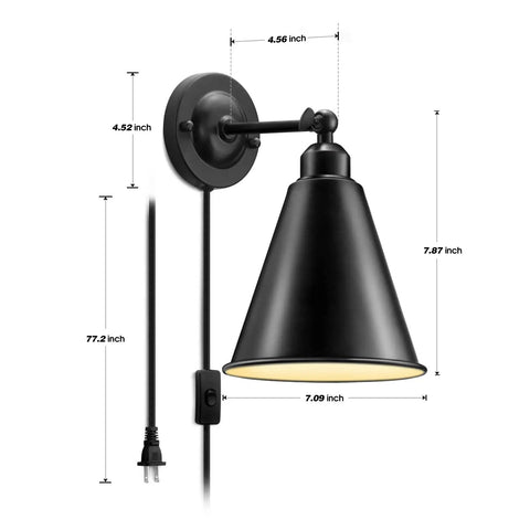 Plug In Black Metal Swing Arm Wall Sconce 2 Pack Industrial Vintage Style Wall Lamp Fixture With On Off Switch And E26 Base Adjustable 240 Degrees For Bedroom Porch Restaurants Headboard showing size dimensions on white background