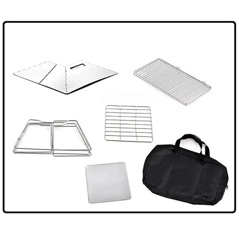 Ultra Lightweight Portable Folding Camping Grill With Handy BBQ Tool Set components and carrying bag