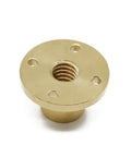 T10 Brass Lead Screw Nut With Acme Thread And 2mm Pitch For 3D Printer And CNC Machine Z Axis showing round brass nut with holes.